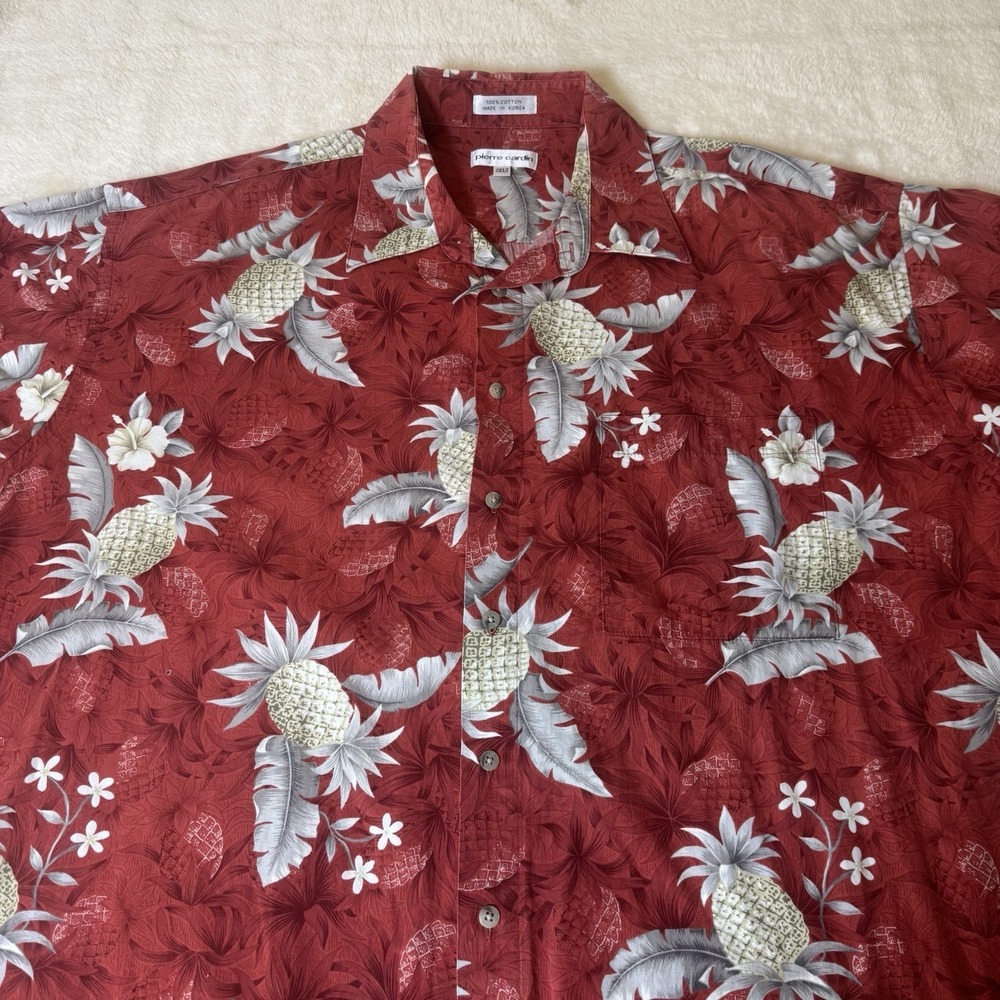 Pierre Cardin Hawaiian Shirt Mens 2XLT Tall Red Pineapple 100% Cotton Aloha